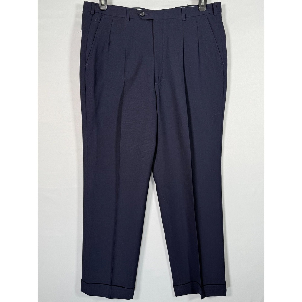 John Weitz Pants Men 36x27" Navy Blue‎ Wool Pleated Career Slacks Cuffed VTG